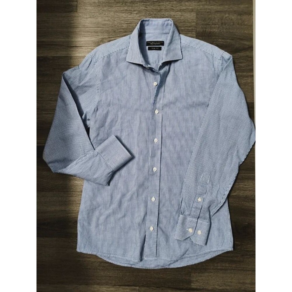 Bloomingdale's Slim fit 14.5R blue dress button men's formal office shirt cotton